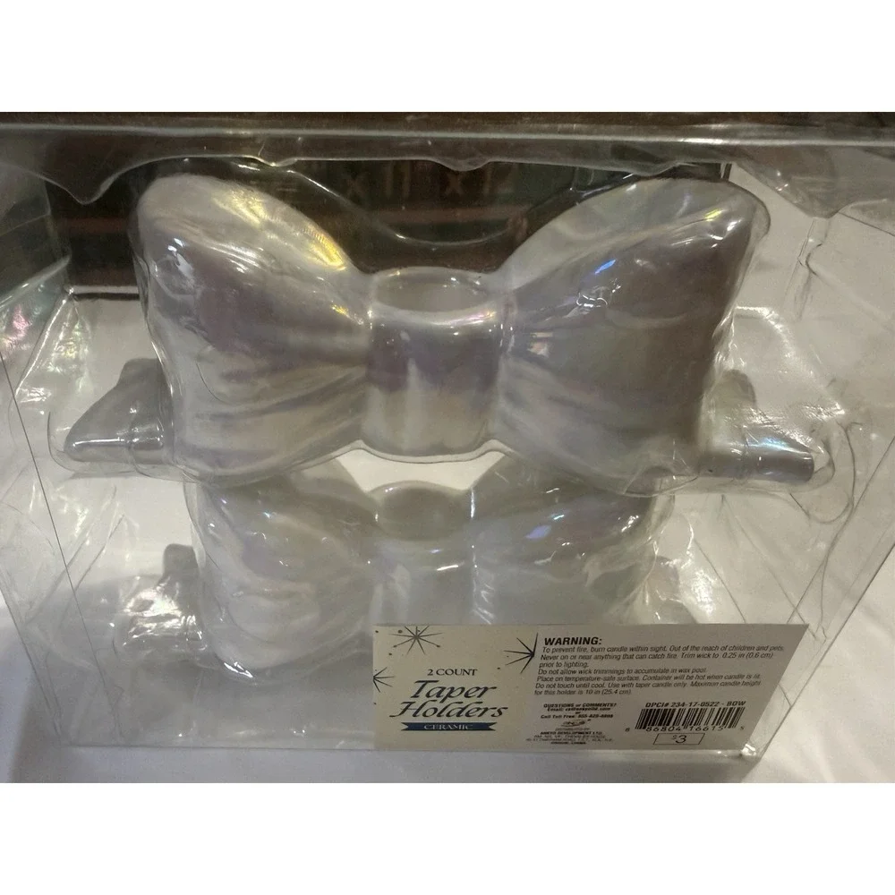2 Count Ceramic Taper Holders Iridescent White Bow Design Candle Holders NIB